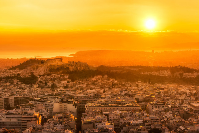 Обои картинки фото athens lycabettus hill sunset, города, афины , греция, панорама