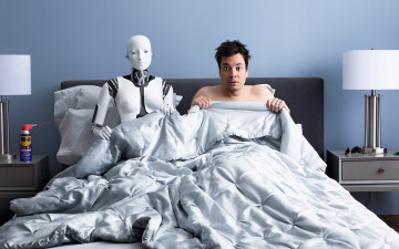 обоя юмор и приколы, кровать, андроид, робот, мужчина