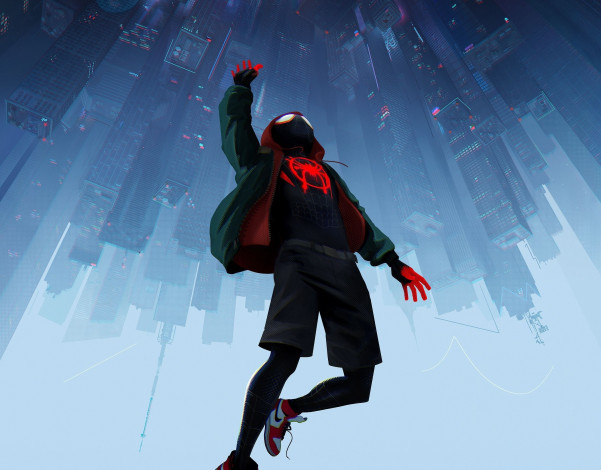 Обои картинки фото spider-man,  into the spider-verse, рисованное, комиксы, паук, город, мальчик