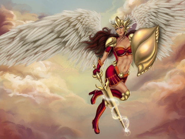 Обои картинки фото фэнтези, ангелы, крылья, меч, щит, девушка, взгляд, фон