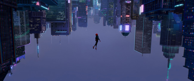 Обои картинки фото spider-man,  into the spider-verse, рисованное, комиксы, паук, город, мальчик