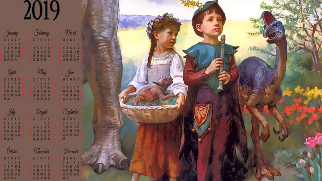 Обои картинки фото календари, фэнтези, мальчик, девочка, корзина, динозавр, цветы, дети, calendar, 2019