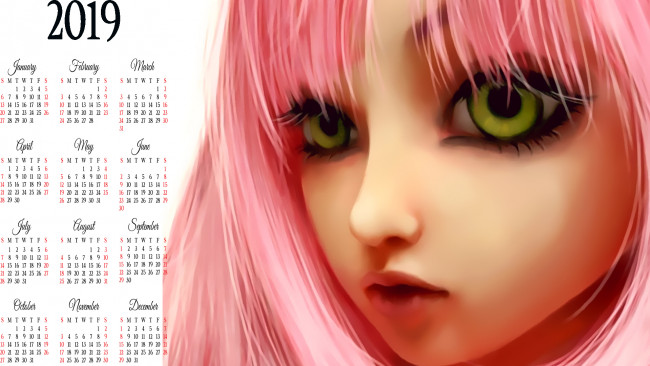 Обои картинки фото календари, рисованные,  векторная графика, 2019, calendar, лицо, девушка