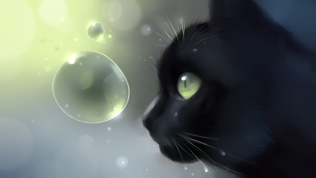 Обои картинки фото рисованное, животные,  коты, пузырь, черный, кот