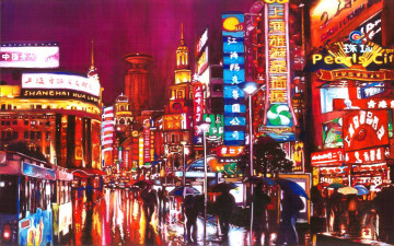 обоя рисованное, города, шанхай, город, огни, реклама, люди, улица