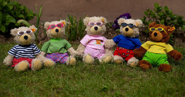 Картинка разное игрушки трава плюшевые медведи очки