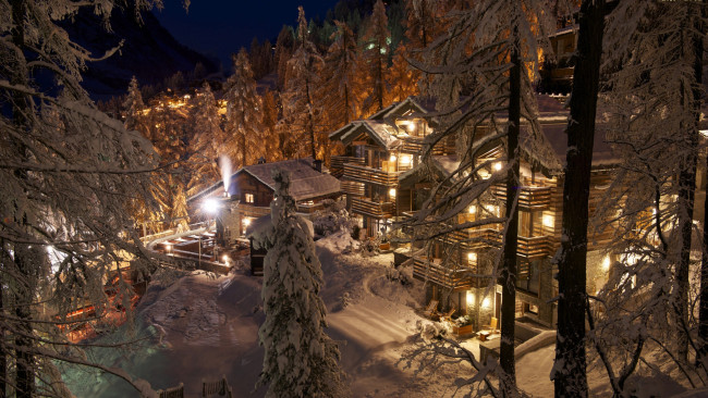 Обои картинки фото города, церматт , швейцария, вечер, огни, зима, снег