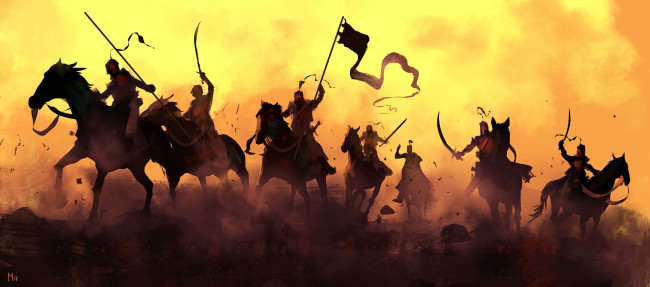 Обои картинки фото рисованное, армия, отряд, всадники, оружие, флаг, пыль
