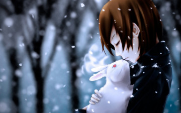 Картинка аниме merry chrismas winter силуэты деревья кролик зима