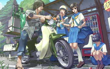 Картинка аниме weapon blood technology скутер девушки парень шлем напитки очки насекомое
