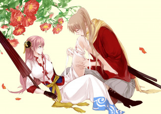 Картинка аниме gintama гинтама рана бинты зонт арт лепестки парень девушка цветы романтика