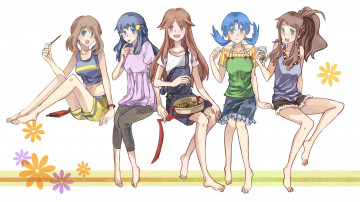 Картинка аниме pokemon цветы белый фон арт разные девушки