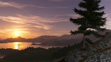 Картинка 3д+графика природа+ nature озеро закат дерево
