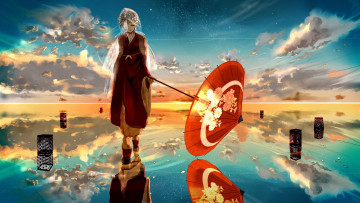 Картинка аниме vocaloid plantroom9 nine kagamine rin арт кимоно отражение вода закат девушка облака небо зонт