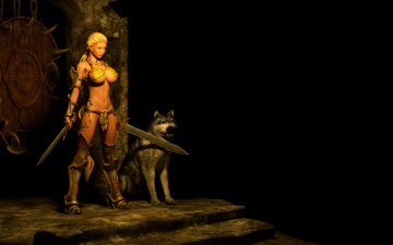 Картинка 3д+графика амазонки+ amazon собака фон оружие взгляд девушка
