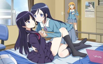 обоя аниме, oreimo, gokou, ruri, kousaka, kirino, aragaki, ayase, ноутбук, кровать, комната, девушки