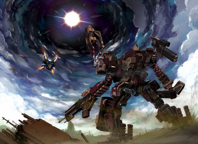 Обои картинки фото аниме, -weapon,  blood & technology, облака, небо, робот, armored, core, verdict, day, арт