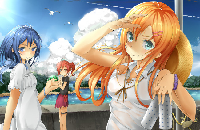 Обои картинки фото аниме, oreimo, чайки, море, лето, небо, набережная, kurusu, kanako, девушки, aragaki, ayase, kousaka, kirino