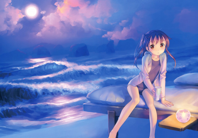 Обои картинки фото аниме, *unknown , другое, девушка, закат, луна, арт, море, пляж, берег, свечка, стакан, облака