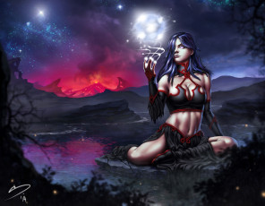 Картинка фэнтези девушки вулкан вода магия девушка звезды ночь
