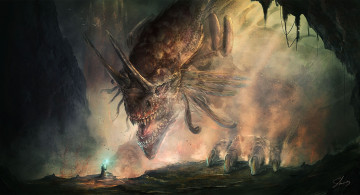 Картинка фэнтези драконы скалы магия посох человек гигантский дракон арт