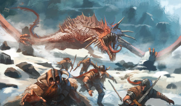 обоя фэнтези, драконы, схватка, снег, зима, воины, викинги, дракон