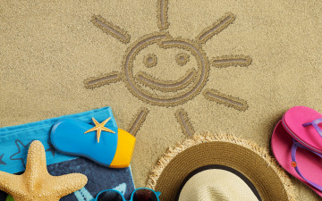 Картинка разное одежда +обувь +текстиль +экипировка accessories beach summer vacation лето пляж каникулы очки сланцы шляпа отдых starfish sun sand