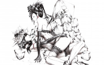 Картинка аниме unknown +другое чулки кружево рисунок цветы лед черно-белый корсеты девушки перчатки art sawasawa