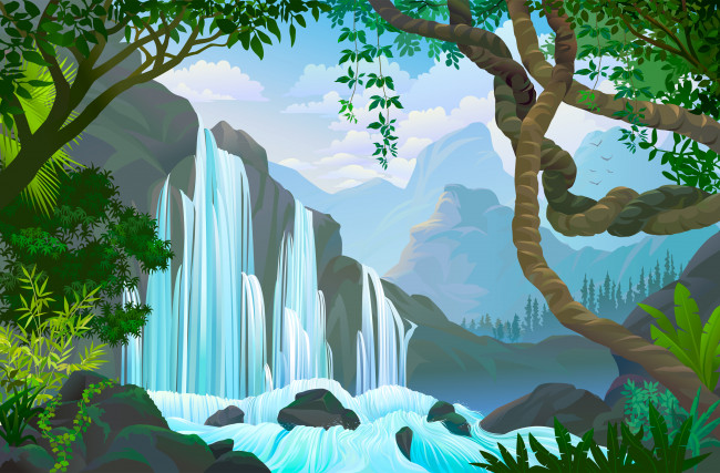 Обои картинки фото векторная графика, природа , nature, вода, деревья, водопад
