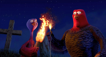 Картинка мультфильмы free+birds ночь индюк двое пламя факел птица крест