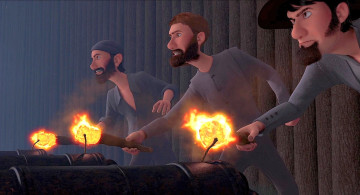 Картинка мультфильмы free+birds пламя шляпа пушка факел трое мужчина