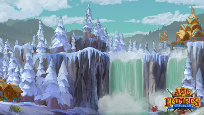 Обои картинки фото видео игры, age of empires online, дома, снег, зима, водопад, деревья