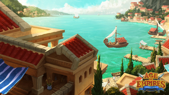 Обои картинки фото видео игры, age of empires online, город, греция, корабли, залив