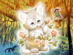 Картинка рисованные животные кот котенок бабочка букет роза