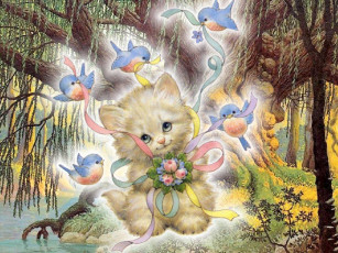 Картинка рисованные животные кот котенок птица букет