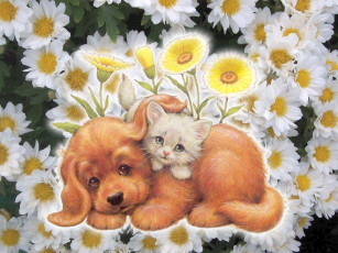 Картинка рисованные животные щенок котенок