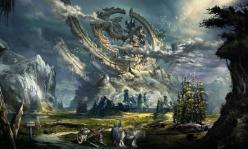 Картинка видео игры tera the exiled realm of arborea путники канаты каменное online горы сооружение дорога облака повозка лошадь