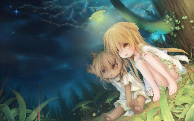 Обои картинки фото аниме, animals, девочка, лес, котенок, ночь