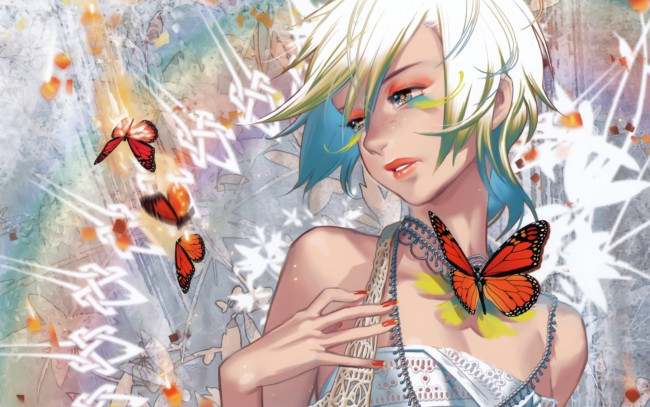 Обои картинки фото аниме, *unknown, другое, девушка, бусы, бабочки