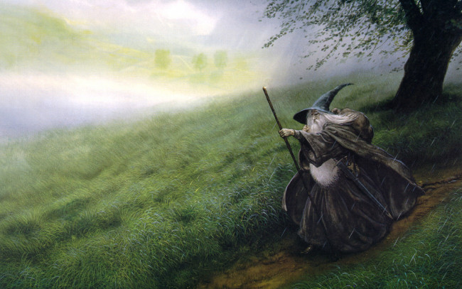 Обои картинки фото фэнтези, lord, of, the, rings, трава, тропинка, дед, волшебник, дождь, дерево