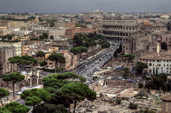 Обои картинки фото рим, города, ватикан, италия, деревья, дорога, здания, колизей