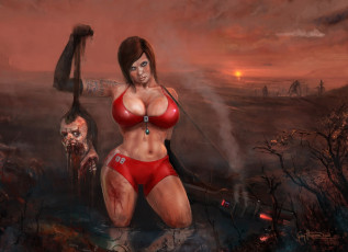 Картинка фэнтези красавицы чудовища закат кровь голова зомби татуировка бикини оружие