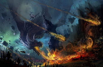 Картинка dragon fight фэнтези драконы огонь полет разрушение ужас дракон