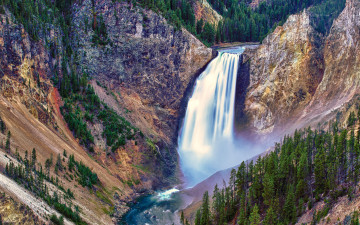 Картинка lower falls природа водопады поток горы деревья yellowstone national park