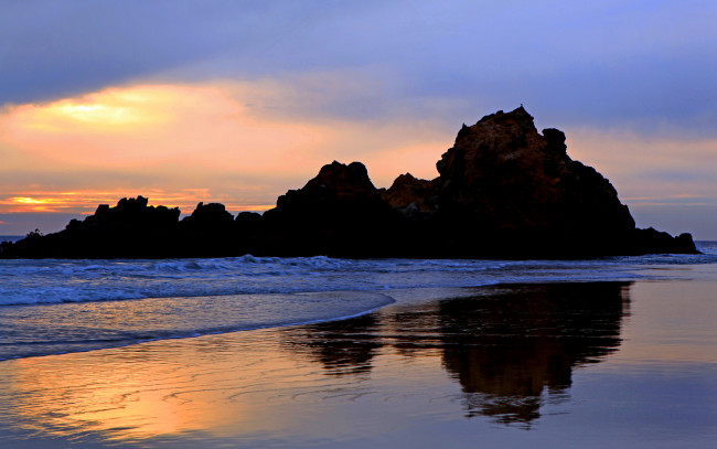 Обои картинки фото beach, природа, побережье, океан, закат, пляж, камни, скалы