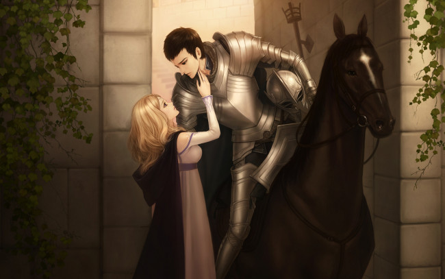 Обои картинки фото фэнтези, люди, двое, влюбленные, рыцарь, доспехи, лошадь