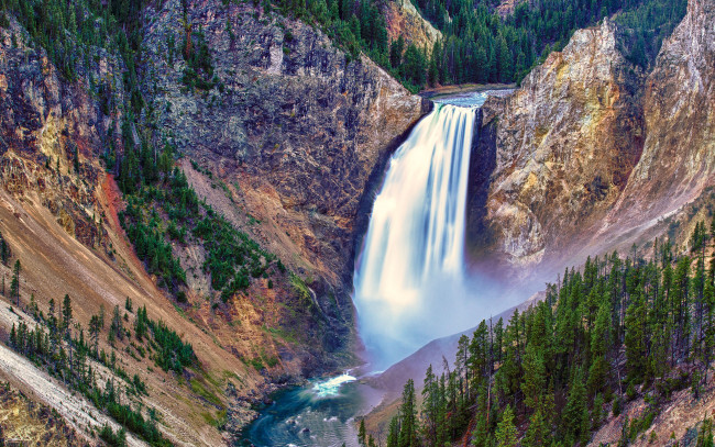 Обои картинки фото lower, falls, природа, водопады, поток, горы, деревья, yellowstone, national, park