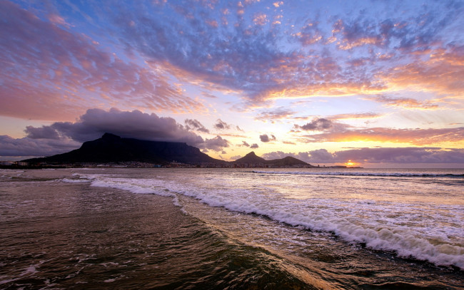 Обои картинки фото sunset, природа, побережье, гора, закат, океан