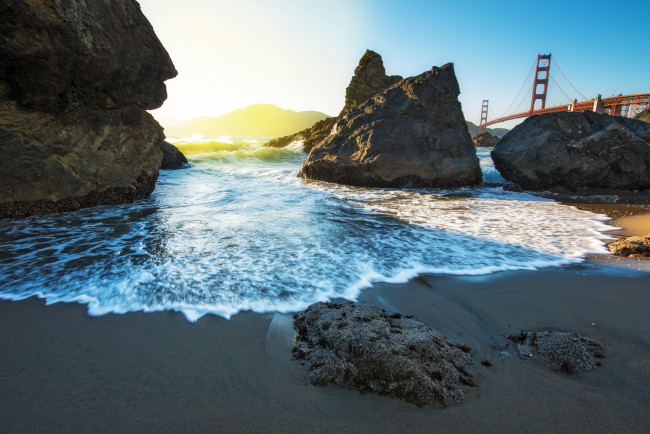 Обои картинки фото природа, побережье, пляж, солнце, сан-франциско, калифорния, мост