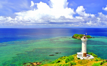 Картинка природа маяки облака простор маяк островок горизонт океан побережье